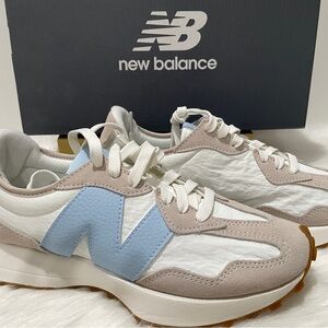 New Balance White and Light Blue Sneakers 327